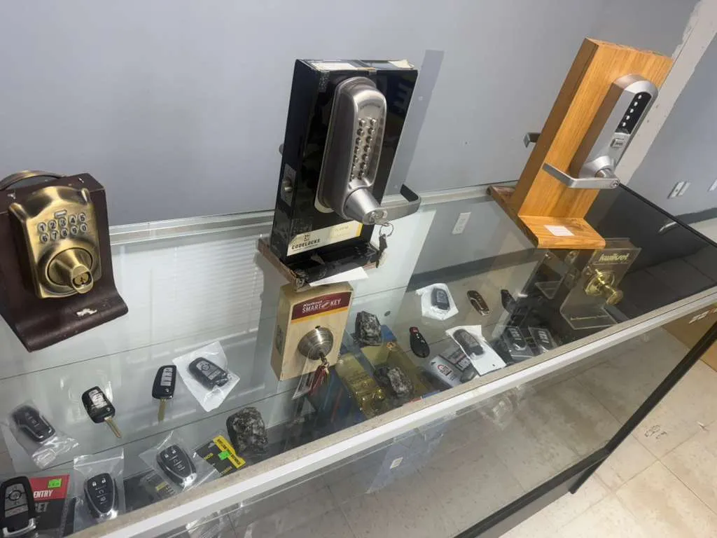 Smart locks, deadbolts and SmartKey hardware on the Locksmith Solutions OKC showroom counter
